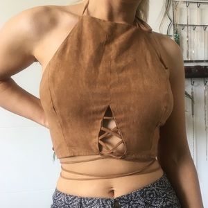 BRAND NEW faux suade cross tie halter crop top